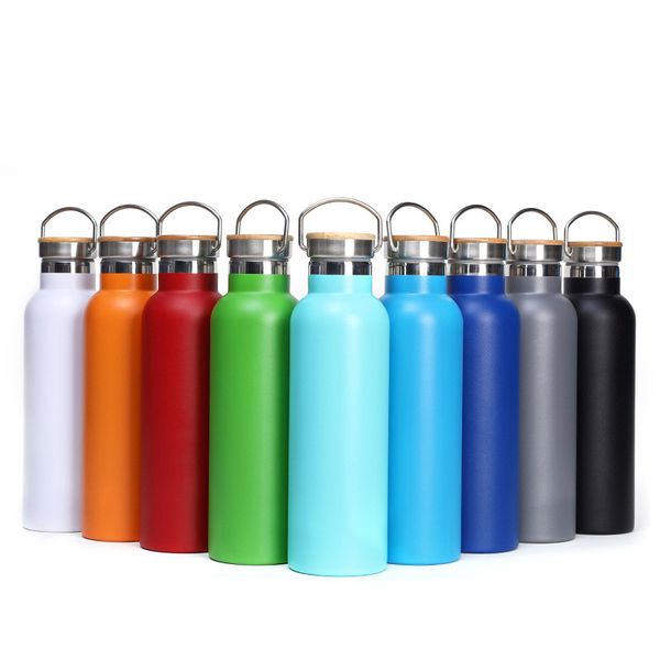 350ml 500ml powder-coated stainless steel insulated water bottle with bamboo lid for outdoor sports