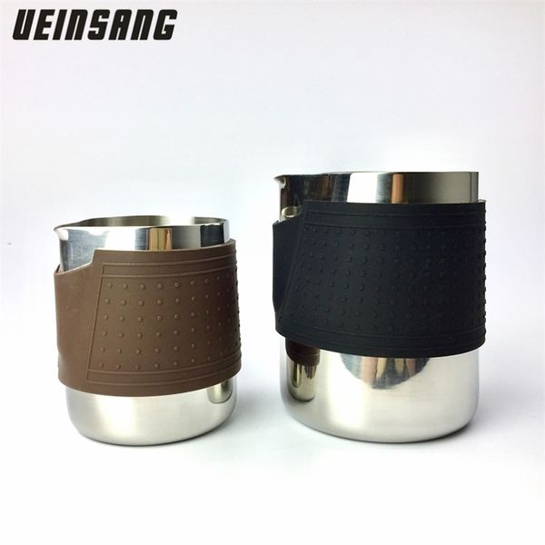 350ml and 600ml stainless steel milk frothing pitchers for crafting latte art, ideal for baristas to create perfect coffee drinks