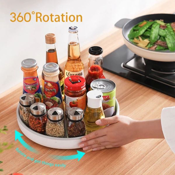 360-degree rotating spice rack for kitchen storage, oil-resistant non-slip tray for bathroom bottles and shampoo organization
