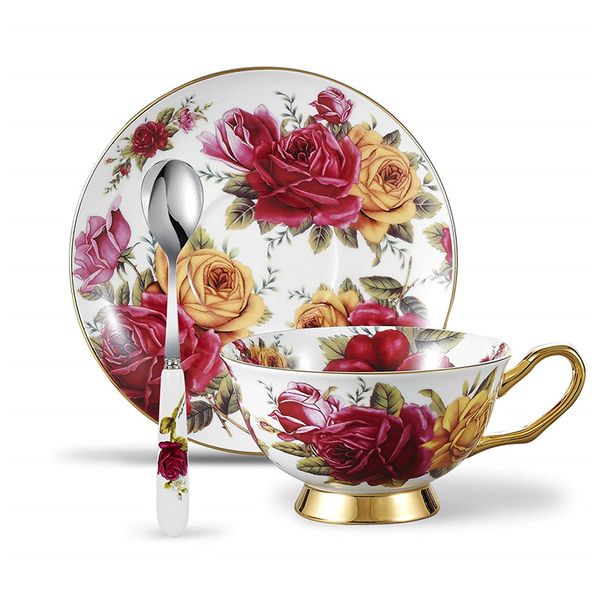 3-piece bone china coffee and tea set with spoon, 6.8 oz/200 ml capacity, featuring yellow and red rose design