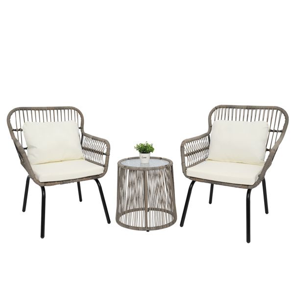 3-Piece wicker dining set with 2 chairs, side table and cushions in tan