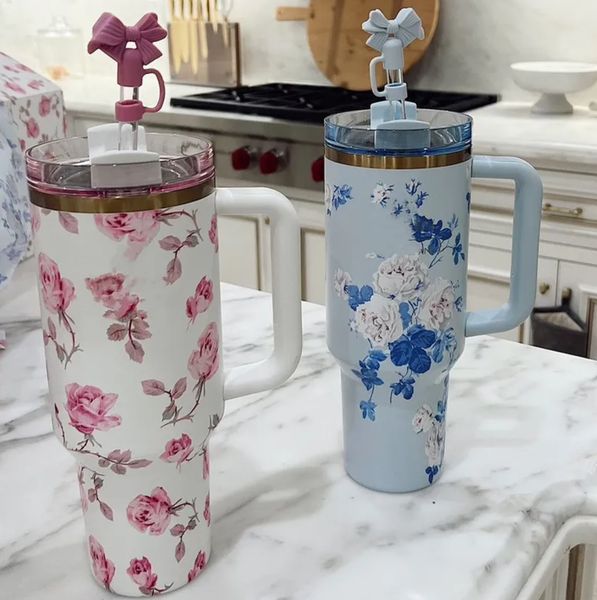 40 oz blue magnolia pink rose early lilac floral cups with stainless steel tumblers, handle, lid, straw, and purple stars for travel car mugs