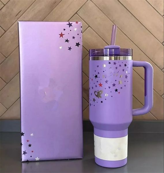 40oz hot pink stainless steel tumblers with handle, lid, straw, and purple stars chocolate gold design for travel mugs or large water cups