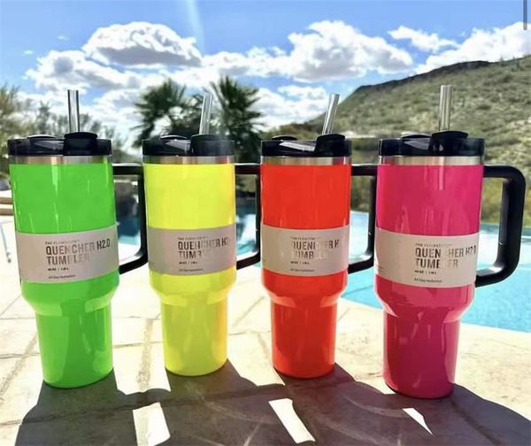 40oz insulated stainless steel mugs with straws, reusable in neon colors like black, white, and pink
