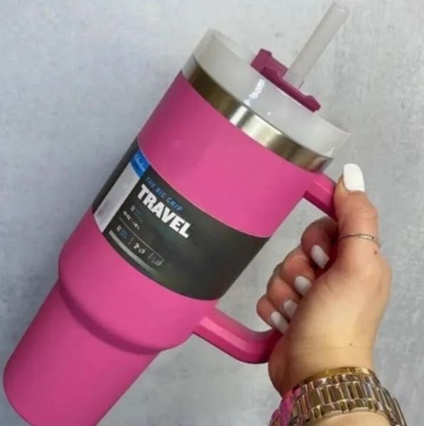 40oz insulated stainless steel travel mugs with handle, lids, and straw, ready for shipping