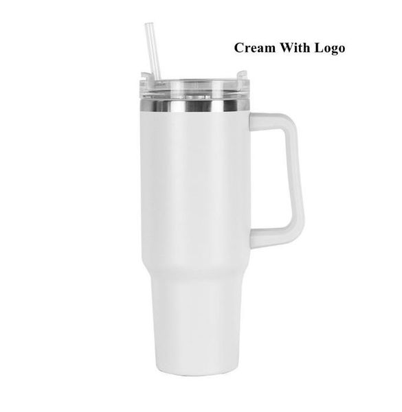 40oz insulated stainless steel tumbler with handle, lid, and straw for hot or cold drinks