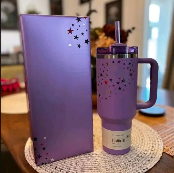 40oz purple star mugs with handle, lid, and straw from USA warehouse - stainless steel tumblers in neon pink, white, and pink travel colors