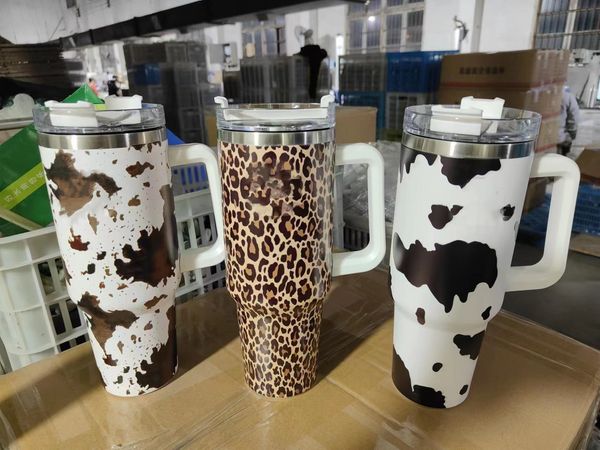40oz stainless steel leopard print tumblers with lids and straws, cheetah cow design, insulated travel mugs for car, large capacity water bottles