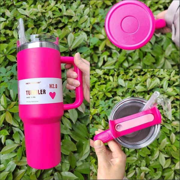 40oz stainless steel tumblers with handle, lid, and straw in DHL co-branded light blue, winter cosmo pink, and flamingo pink parade designs