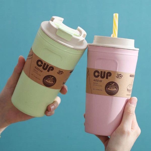 420ml double-wall insulated eco-friendly wheat fiber travel mug with straw, leakproof, ideal for coffee on the go, new 2021 design