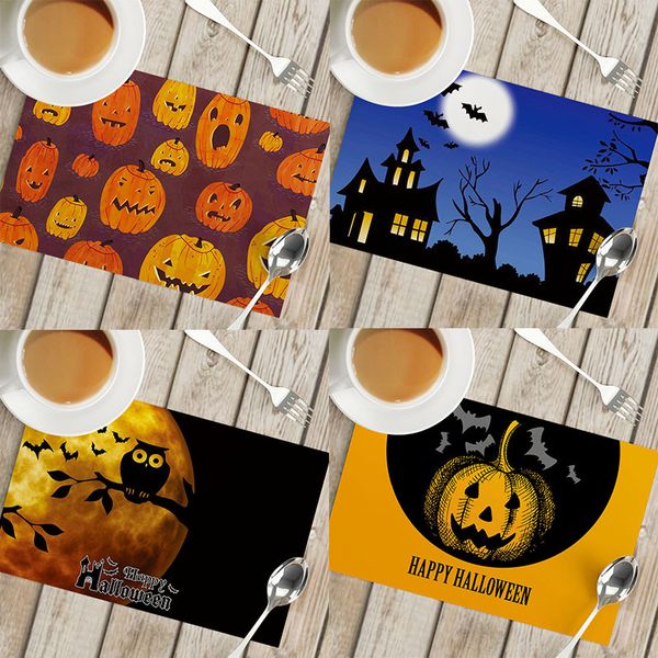 42x32cm Halloween-themed waterproof cotton-linen placemats with thermal insulation for kitchen or dining tables, customizable as gifts