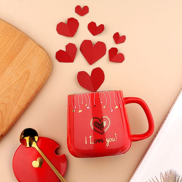 430ML Creative Love You Mugs Set Ceramic Couple Coffee Cup With Lid And Spoon for Valentine's Day Wedding Engagement Anniversary
