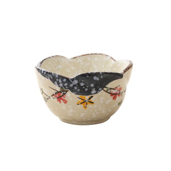4.3-inch scalloped Japanese flower bowl with hand-painted plum blossom ceramic dish for rice, snacks, ice cream, or dipping