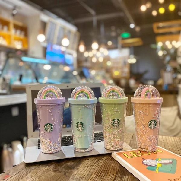 450ML adorable rainbow cup with dual plastic straws, PET material for kids and adults, ideal as a gift