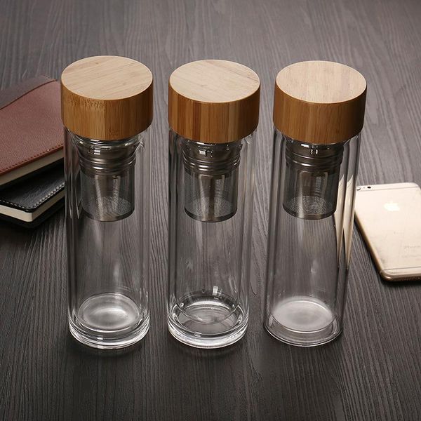 450ml bamboo-lidded double-walled glass tea cup featuring a built-in infuser basket