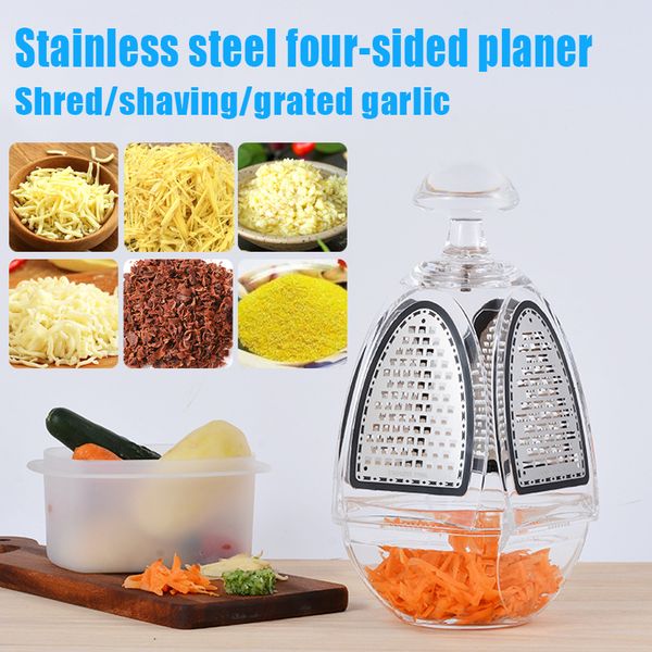4-in-1 grater and slicer for fruits and vegetables, including potatoes and carrots, featuring flat, coarse, fine, and ribbon cutting options for versatile kitchen use