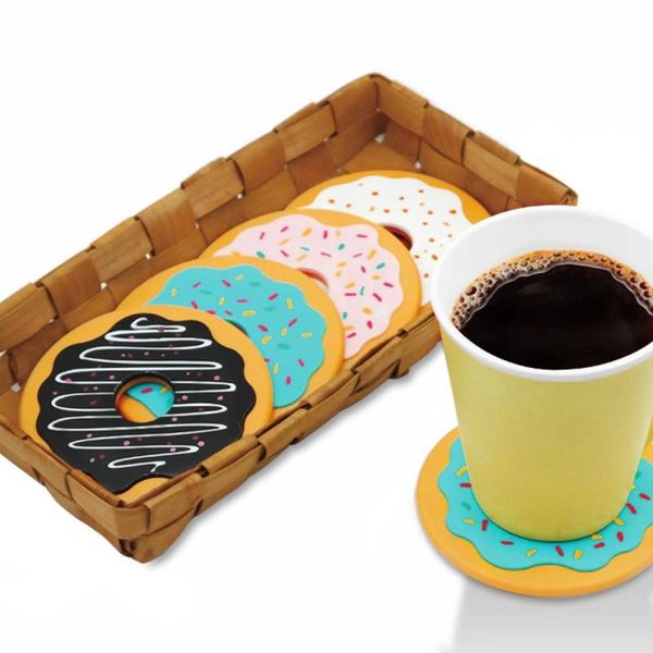 4-piece set of adorable spinning silicone drink coasters with retro donut design for table decor