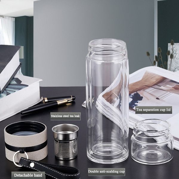 500ml insulated glass water bottle with infuser for tea, portable travel mug tumbler Y200330