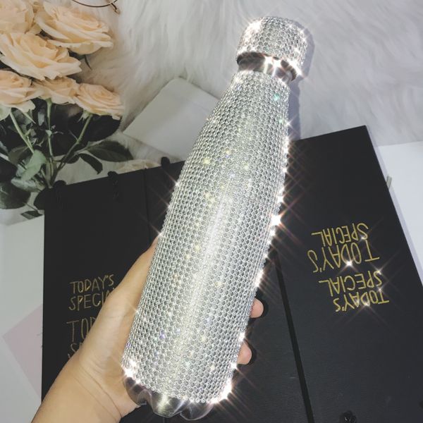 500ml Rhinestone-Studded Shining Stainless Steel Vacuum Thermos Flask in Silver Diamond Design 201126