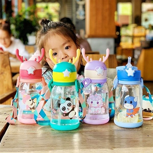 550ML Kids' Water Bottles with Cute Animal Designs and Shoulder Straps for Outdoor, School, and Travel Use