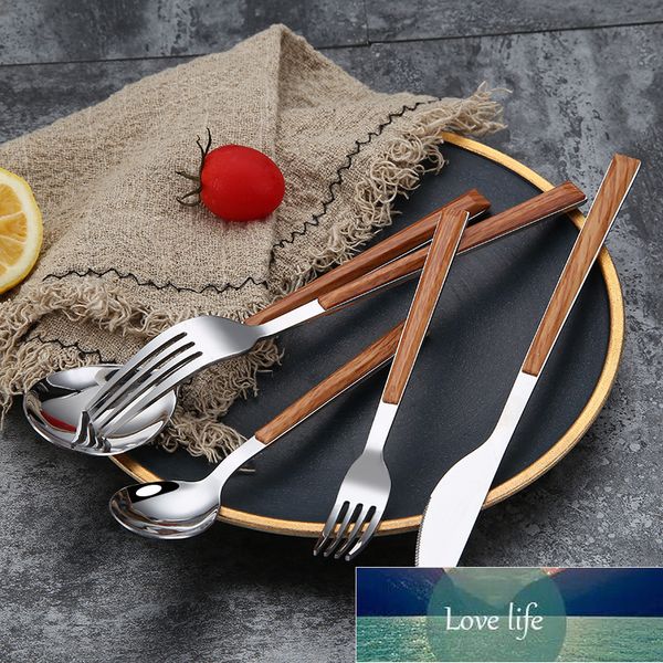 5-piece 304 stainless steel cutlery set with wooden handles, including knives, forks, and spoons for dining