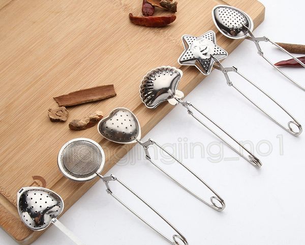 6 stylish stainless steel tea strainers in star, shell, oval, round, heart, and spoon shapes
