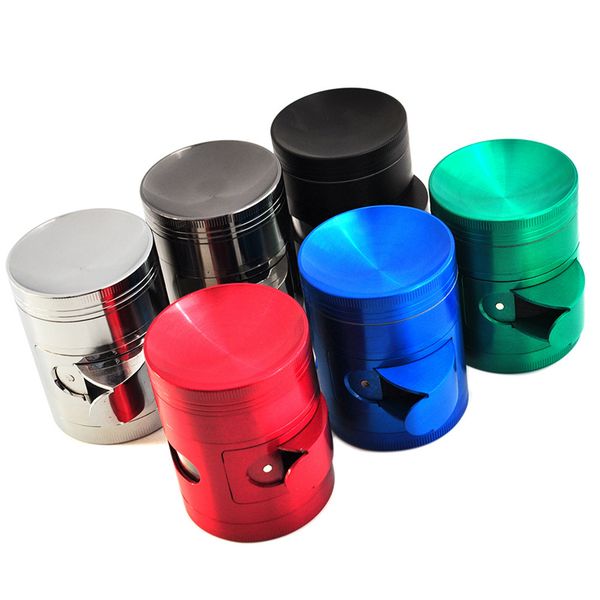 63mm tobacco grinder made of zinc alloy with 4 layers and side opening for easy access to smoke accessories