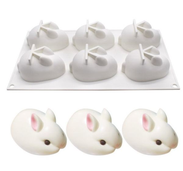 6-cavity 3D rabbit-shaped silicone mold for mousse cakes, ice cream, and chocolate baking