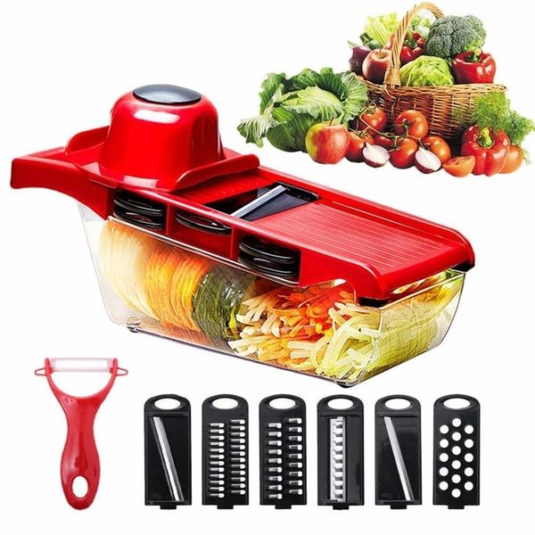6-in-1 multifunctional vegetable cutter for manual kitchen use, combining slicing, chopping, peeling and grating