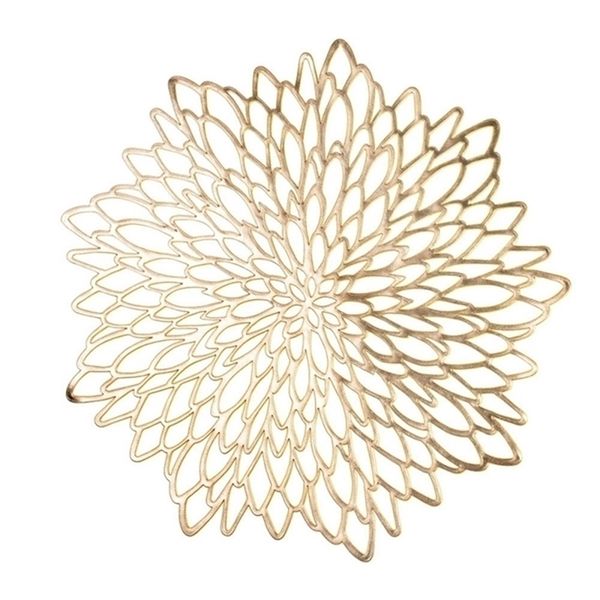 6PCS 4PCS silver and gold metallic PVC placemats for dining tables, featuring hollow coasters and decorative vinyl leaf designs