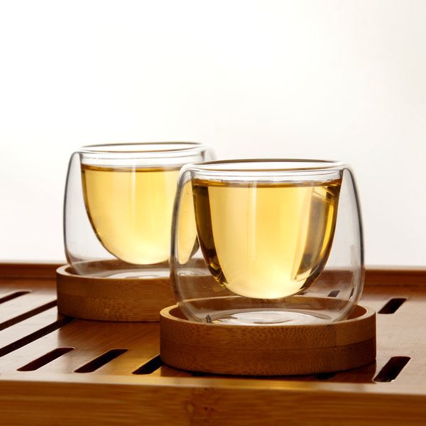 6-piece set of double-walled glass teacups with bamboo holder to prevent heat transfer, ideal for espresso, oolong and pu'er tea