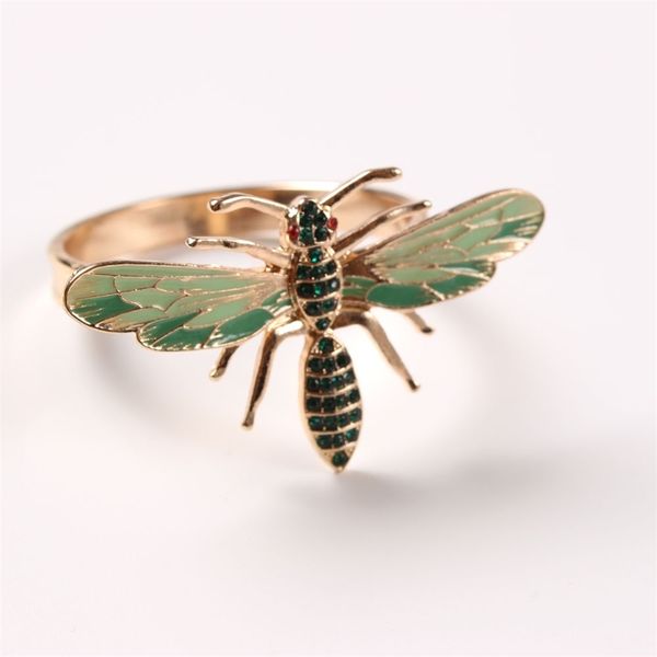 6-piece set of new Bee napkin rings with green alloy insect and dragonfly designs, featuring diamond drip details for paper towels