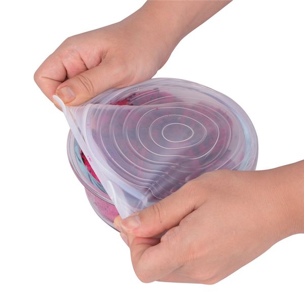 6-piece silicone stretch lids set, reusable and durable, expands to fit various container sizes and shapes for keeping food fresh