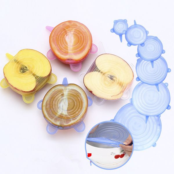 6-piece universal silicone food covers set, stretchable lids for cookware and kitchen use