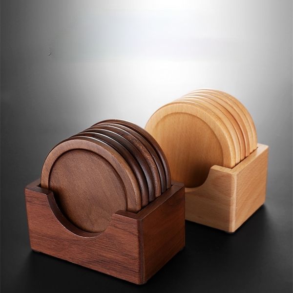 6-piece wooden coaster set for drinks, easy-clean table mats, round tea pads, kitchen tableware accessories