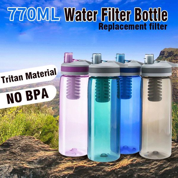 770ML portable outdoor water bottle with built-in survival filter for direct drinking, ideal for camping and emergencies