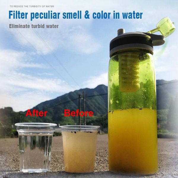 770ML portable water purifier bottle for outdoor activities, survival, and emergency situations with direct drinking and filter capabilities