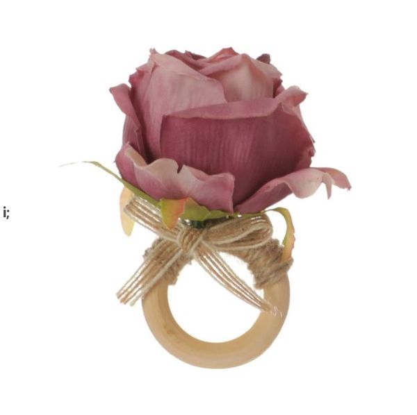 7-color wooden napkin rings with buckle clasp, handwoven linen rope, and artificial flower design for hotel table decor