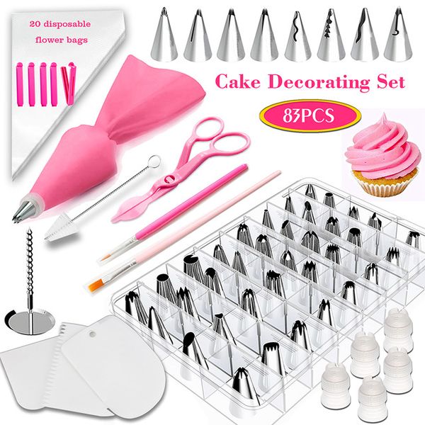 83-piece cake decorating set with turntable, pastry tubes, and fondant tools for baking and dessert preparation