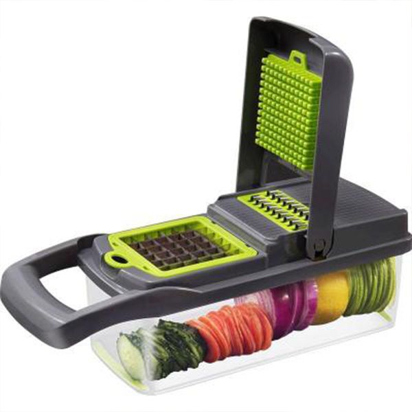 8-in-1 multifunctional kitchen mandoline for slicing, grating, and shredding vegetables and fruits with included drain basket