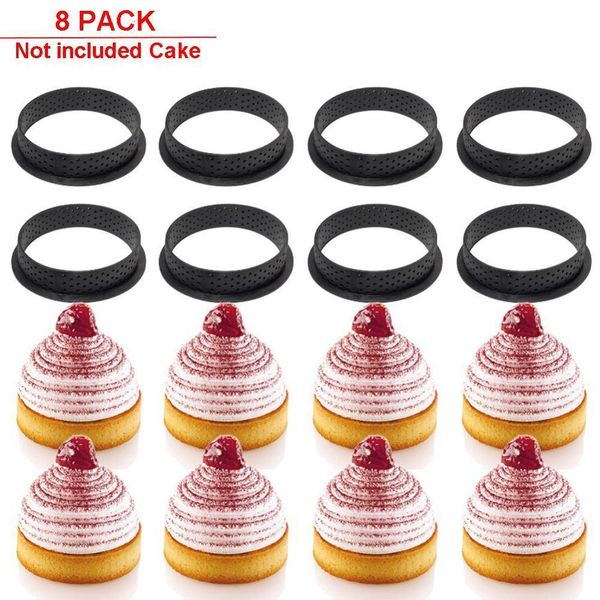 8-piece baking molds for tartlets, rings, cakes, and French dessert mousse with perforated design