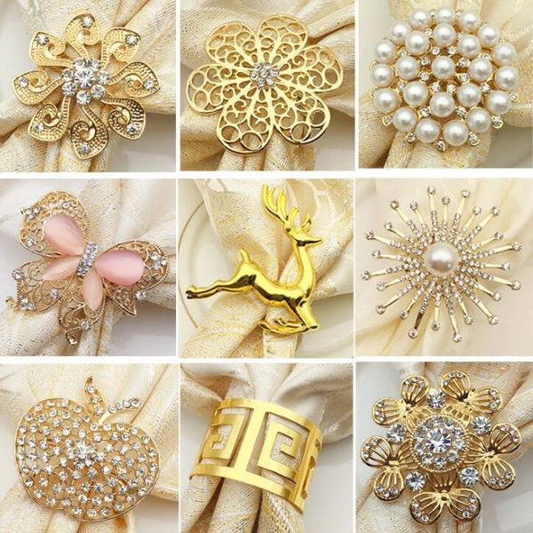 9 stylish pearl napkin buckles with alloy deer design, featuring gold-plated butterfly flower patterns for elegant table decoration