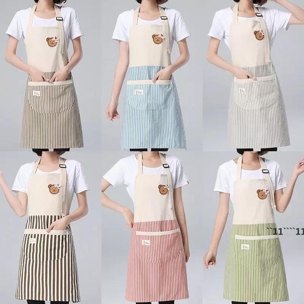 Adjustable striped kitchen apron for women, made of cotton and linen, ideal for chefs, baking, and restaurant use
