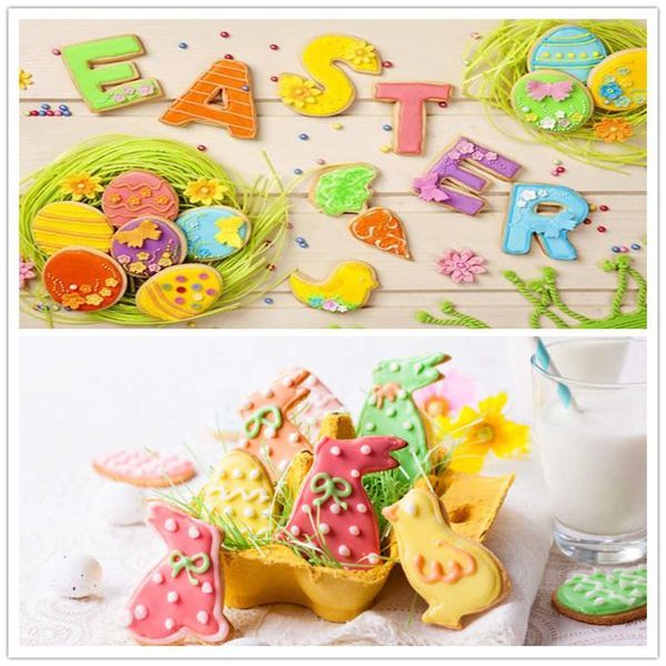 Adorable Easter-themed cookie cutter in rabbit and chick shapes, crafted from stainless steel for baking and cake decorating