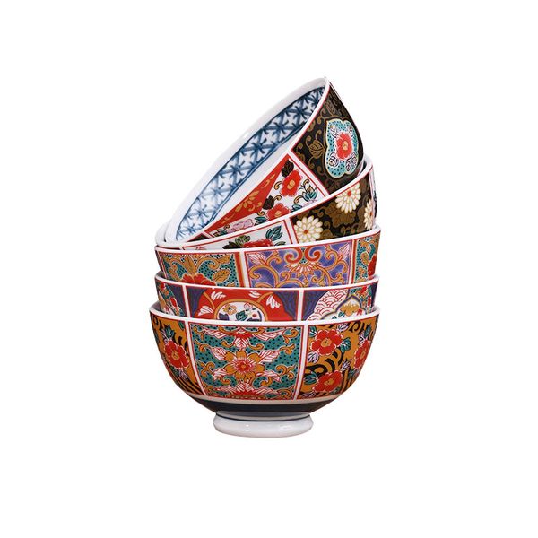 Antique Imari-style set of five 4.5-inch porcelain rice bowls featuring intricate Japanese floral designs in blue, red, and orange, perfect for weddings or housewarming gifts