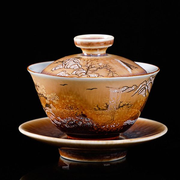 Antique porcelain gaiwan with gold landscape painting, vintage ceramic kung fu tea set featuring pigmented chinaware