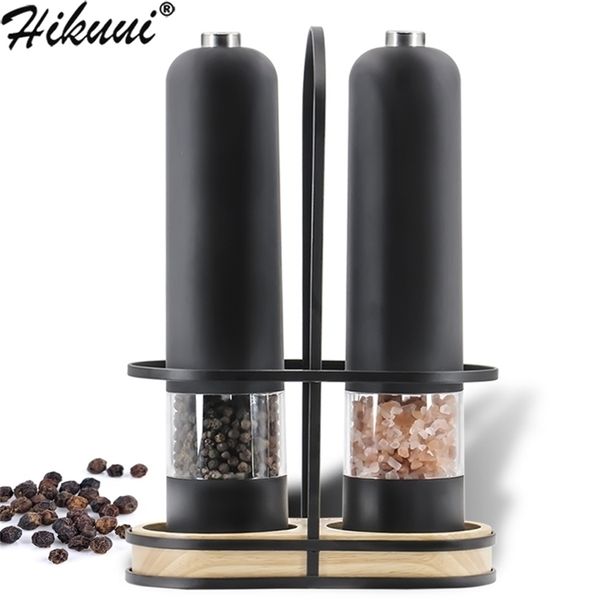 Automatic electric salt and pepper grinder set with adjustable ceramic burr mill for kitchen spices