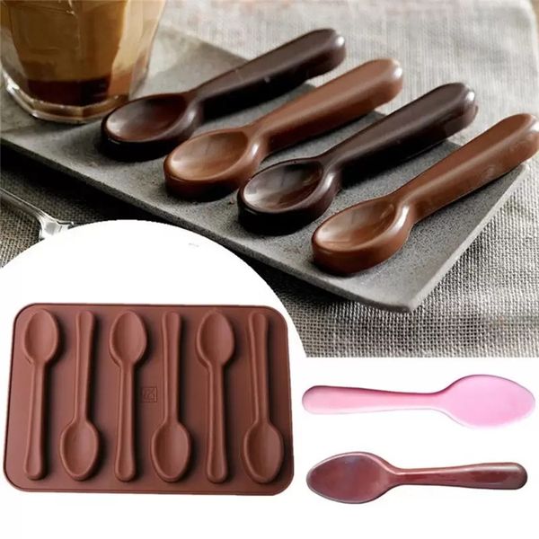 Bakeware silicone mold with 6 spoon-shaped cavities for chocolate, cake decorating, pastry baking, and soap making