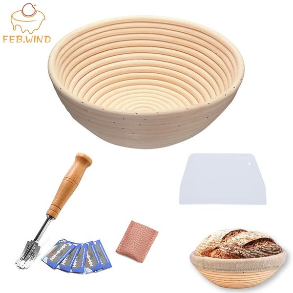Baking set with bread proofing basket, dough cutter, lame, and sourdough tools