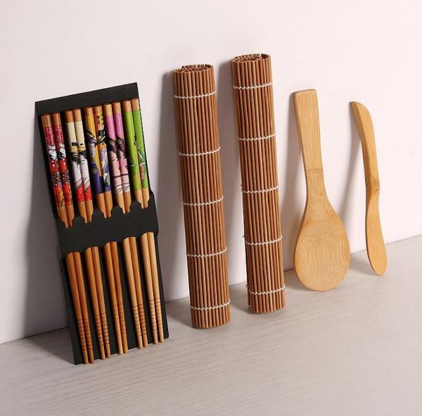 Bamboo sushi kit with 2 rolling mats, a paddle, a spreader, and 5 chopstick pairs